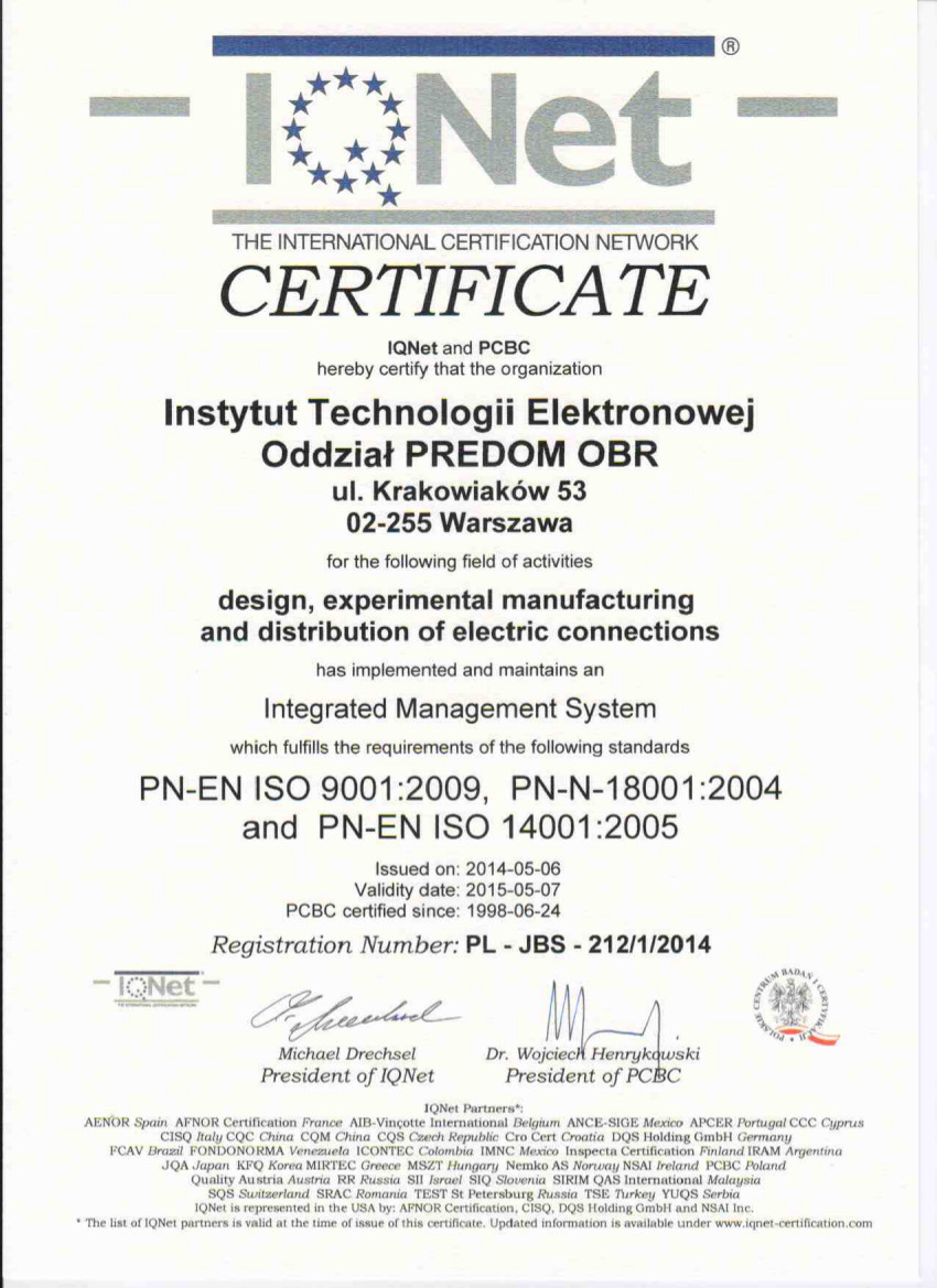 Certyfikat ISO 9001 - IQNET