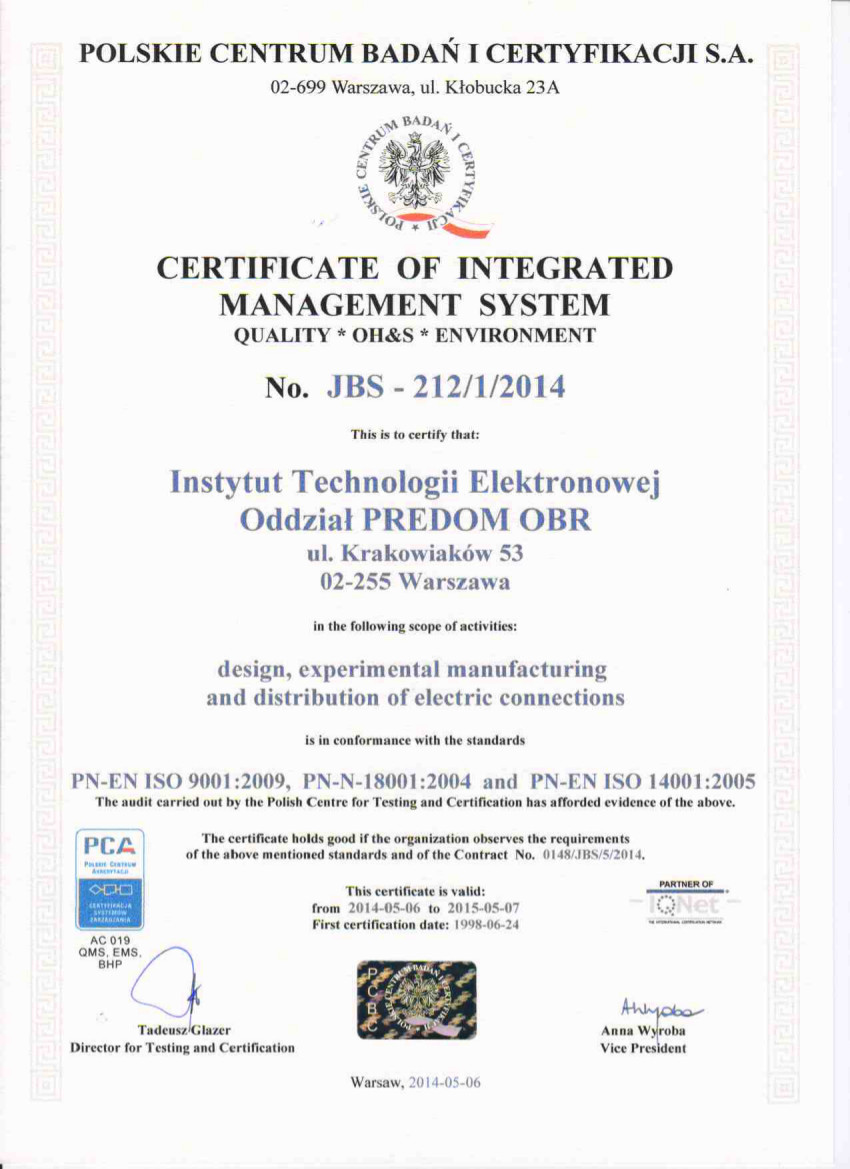 Certyfikat ISO 9001 - PCBC